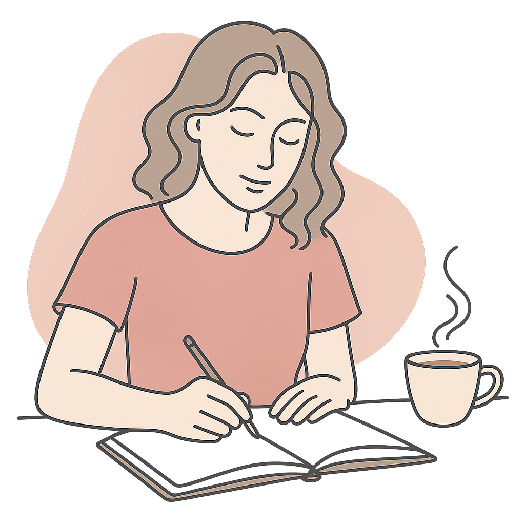 Mulher escrevendo em um caderno com uma xícara de café ao lado
